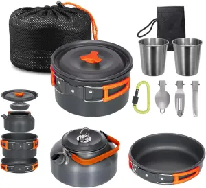 Camping Cookware Mess Kit, Non-Stick Lightweight Pot Pan Kettle Set with Cups Spoon Fork Knife, Compact Camping Cooking Set Portable Outdoor Cook Gear for Backpacking Hiking Picnic