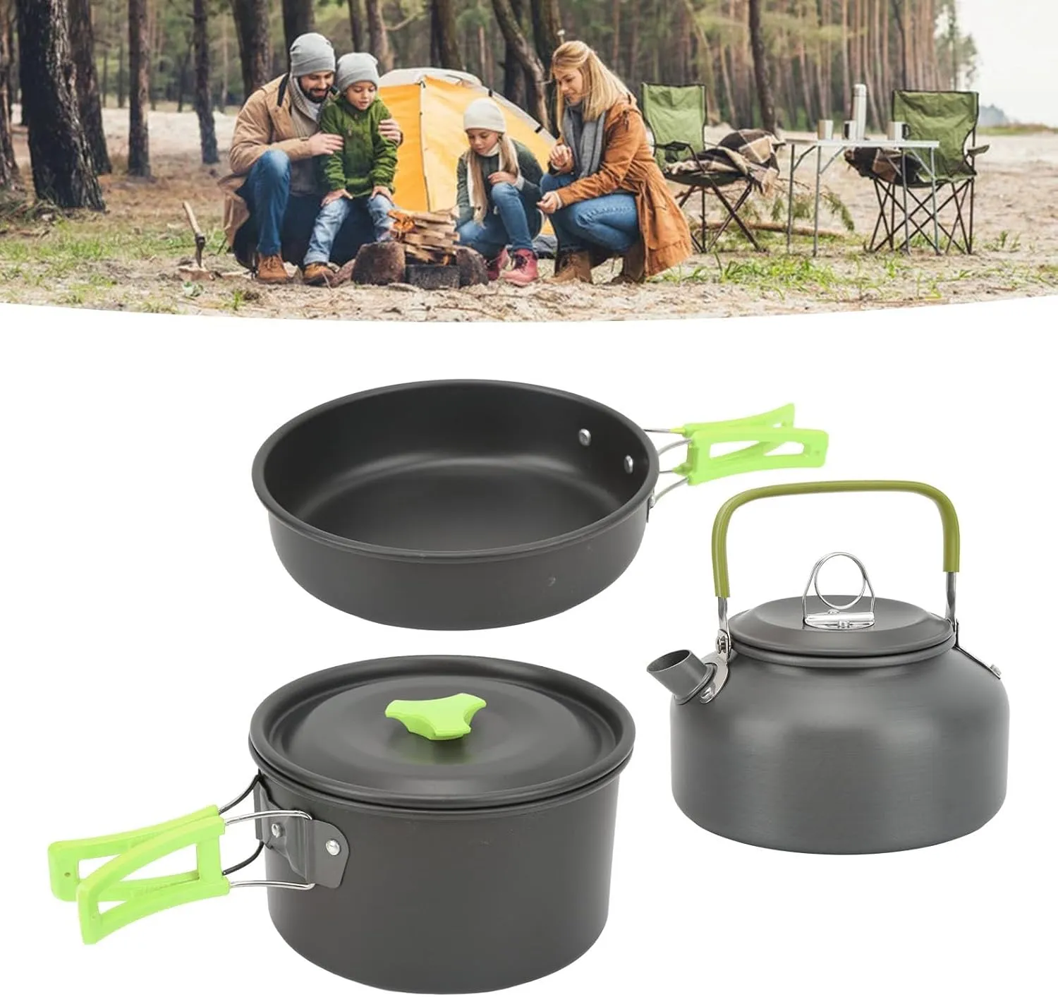 Camping Cookware Mess Kit Portable Cooking Set Lightweight with Foldable Handles for Backpacking Hiking