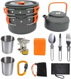 Camping Cookware Set, Lightweight Aluminum Pots & Pans with Stainless Steel Stove, Utensils & Kettle, Compact Outdoor Cooking Kit for Hiking, BBQ, Picnic
