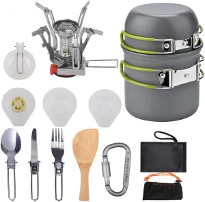 Camping Cookware Stove Canister Tripod Folding Spork Carabiner Set Outdoor Camping Hiking Backpacking Non-Stick Picnic Kit，13Pcs