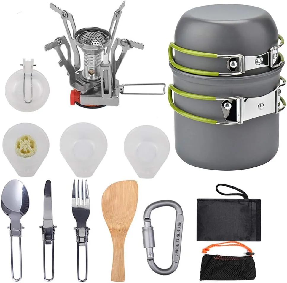 Camping Cookware Stove Canister Tripod Folding Spork Carabiner Set Outdoor Camping Hiking Backpacking Non-Stick Picnic Kit，13Pcs