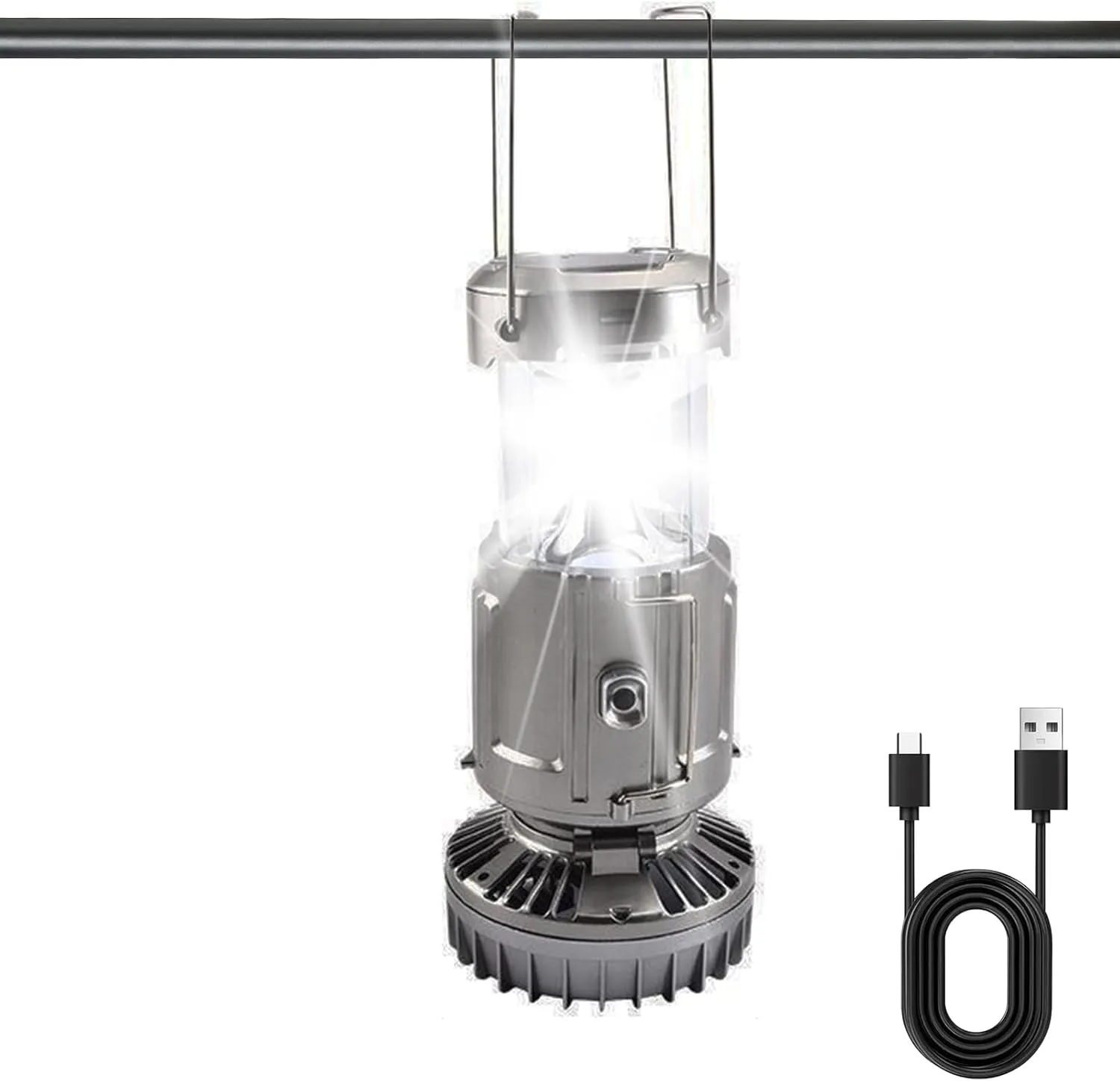 Camping Lantern Power Bank Fan, Solar Rechargeable Led Light, Waterproof Survival Gear, Grey, with Foldable Cooling Fan, for Tent, Hiking, Storm, Use Comfortable and Connected