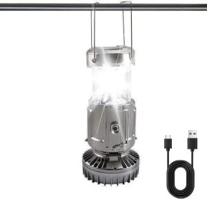 Camping Lantern Power Bank Fan, Solar Rechargeable Led Light, Waterproof Survival Gear, Grey, with Foldable Cooling Fan, for Tent, Hiking, Storm, Use Comfortable and Connected