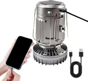 Camping Lantern, Solar Lantern LED Lights, Rechargeable Waterproof Design, Power Bank Function, Foldable Cooling Fan Included, Ideal for Outdoor Camping, Tents, Storms, Hiking, and Emergencies