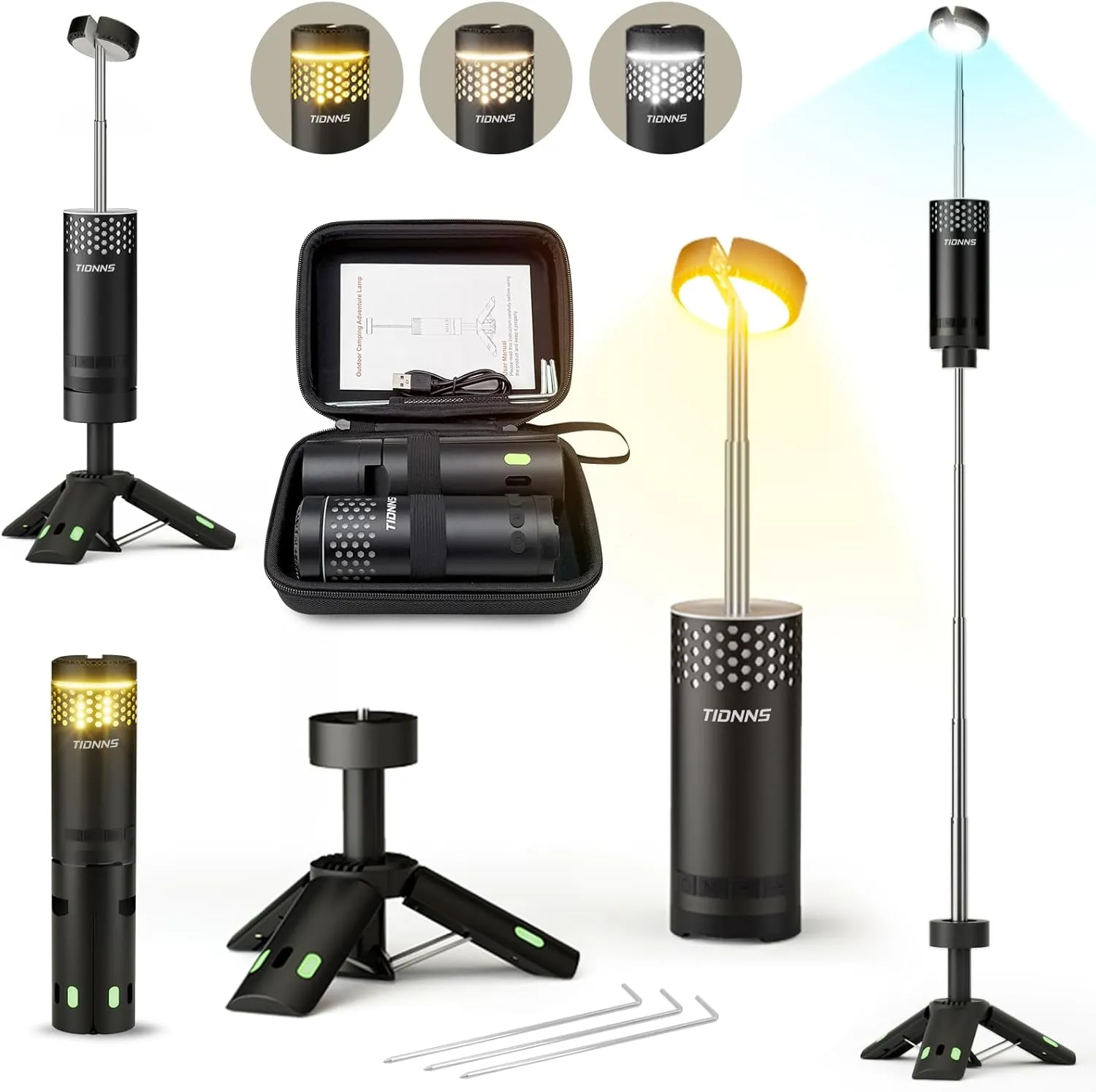 Camping Lights Rechargeable, Detachable Camping Lantern with Stand, Telescopic Waterproof Camp Lamp, Magnetic Work Hanging Light, LED Tent Flashlights for Emergency, Power Outages (Black)