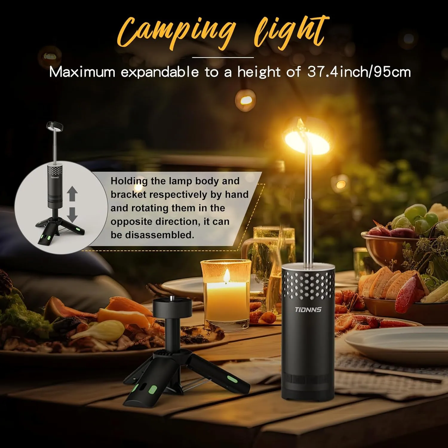 Camping Lights Rechargeable, Detachable Camping Lantern with Stand, Telescopic Waterproof Camp Lamp, Magnetic Work Hanging Light, LED Tent Flashlights for Emergency, Power Outages (Black)