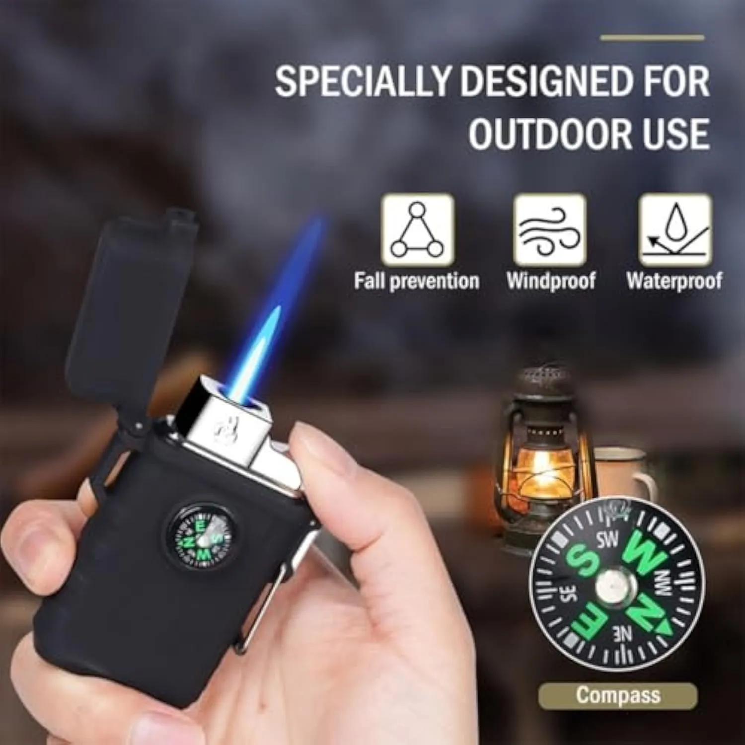 Camping Outdoor Windproof Straight Flame Lighter,Waterproof Lighter with Compass, Refillable Butane Gas Lighters, for Outdoor Cooking Survival, Camping, Hiking, Grill Candle(Green)