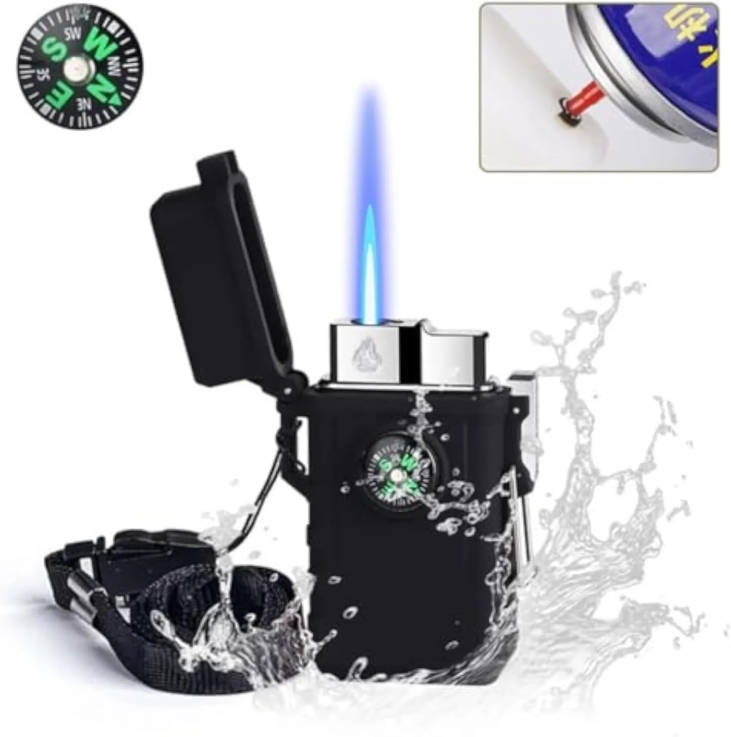 Camping Outdoor Windproof Straight Flame Lighter,Waterproof Lighter with Compass, Refillable Butane Gas Lighters, for Outdoor Cooking Survival, Camping, Hiking, Grill Candle(Green)