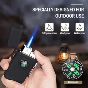Camping Outdoor Windproof Straight Flame Lighter,Waterproof Lighter with Compass, Refillable Butane Gas Lighters, for Outdoor Cooking Survival, Camping, Hiking, Grill Candle(Green)