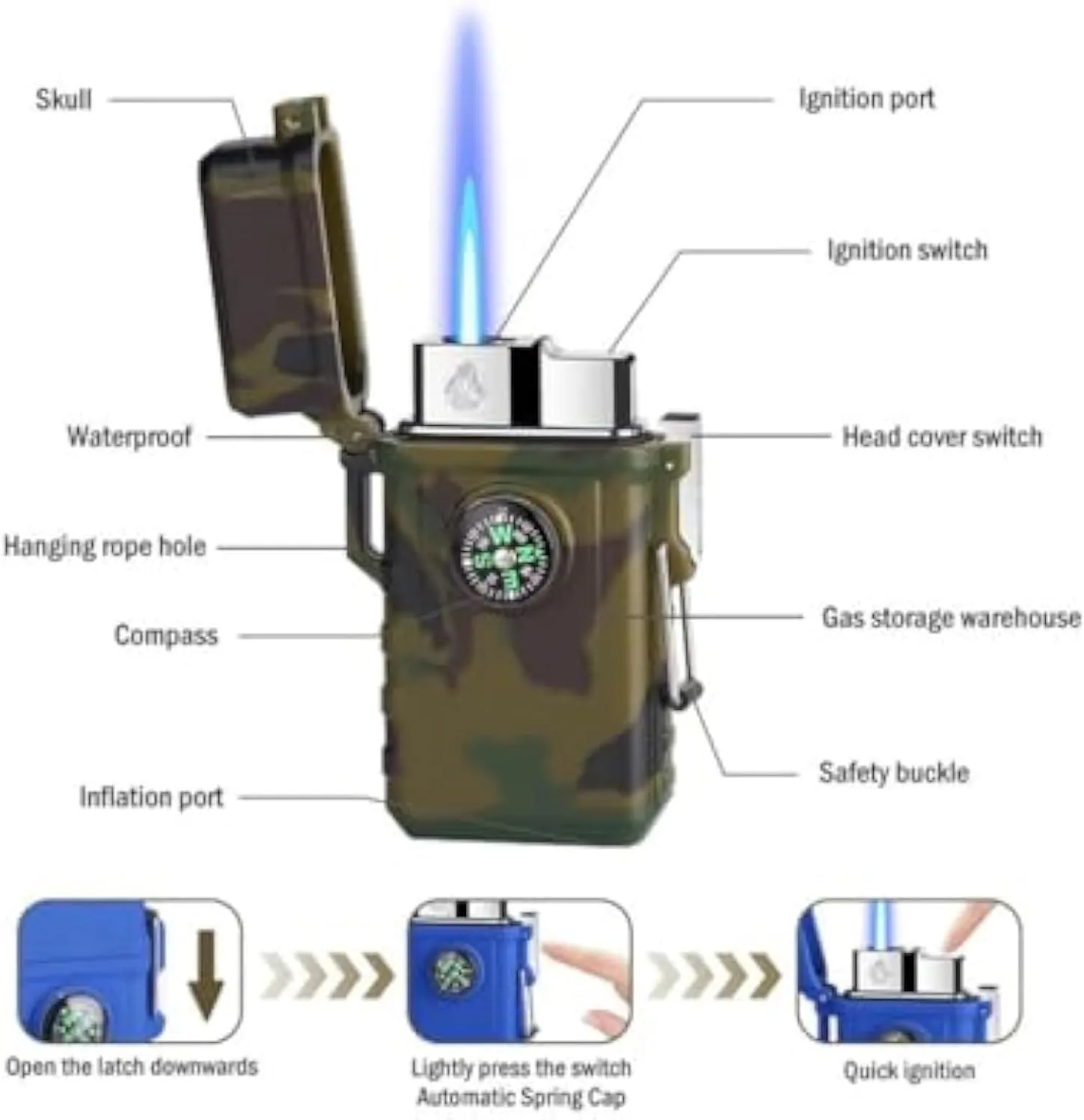 Camping Outdoor Windproof Straight Flame Lighter,Waterproof Lighter with Compass, Refillable Butane Gas Lighters, for Outdoor Cooking Survival, Camping, Hiking, Grill Candle(Green)