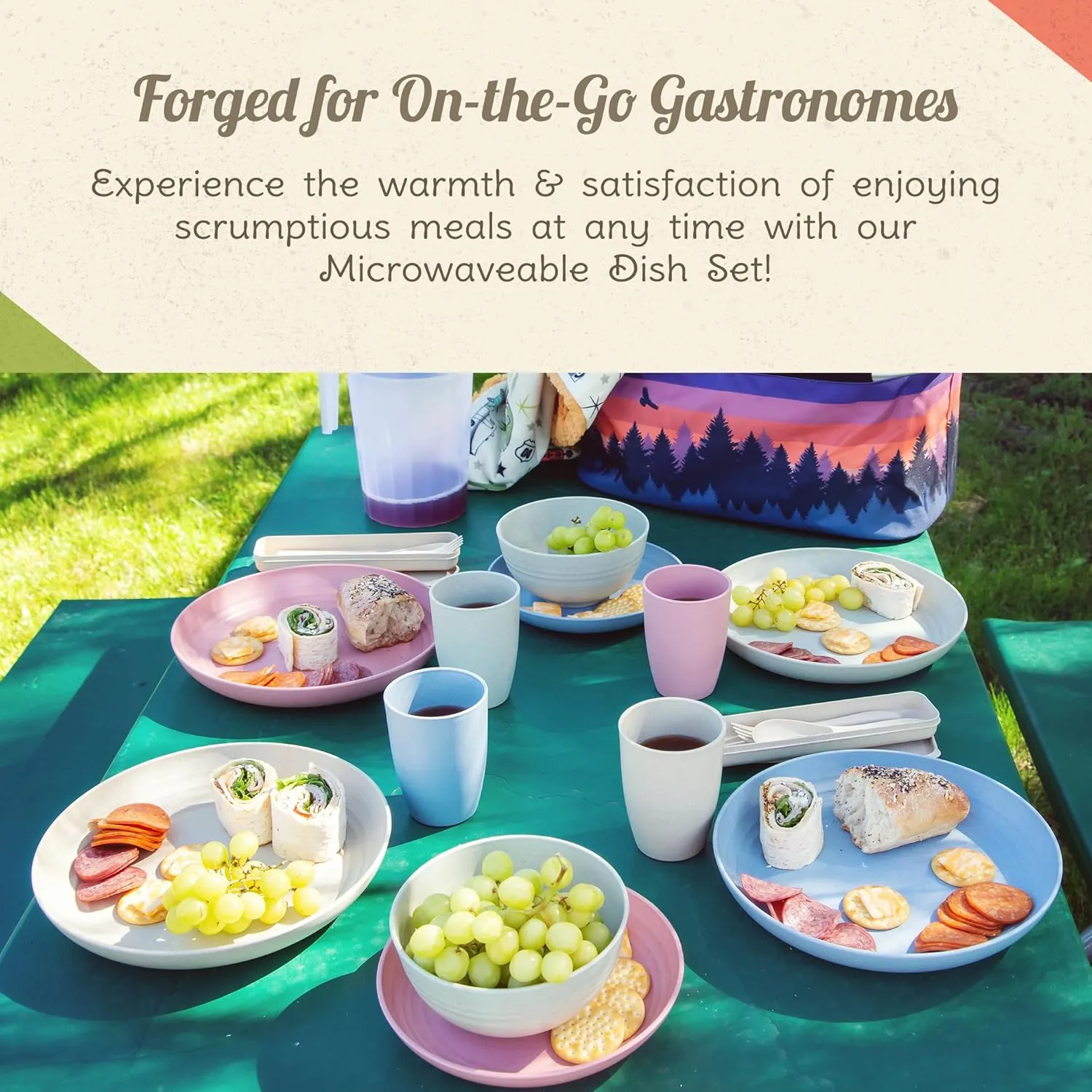 Camping Plates Cups and Bowls Set - 8-pc Wheat Straw Dinnerware Sets - 2 Bowls, 2 Cups, 2 Small & 2 Large Indoor/Outdoor RV Dishes - BPA Free, Dishwasher & Microwave Safe (Boho Blue)