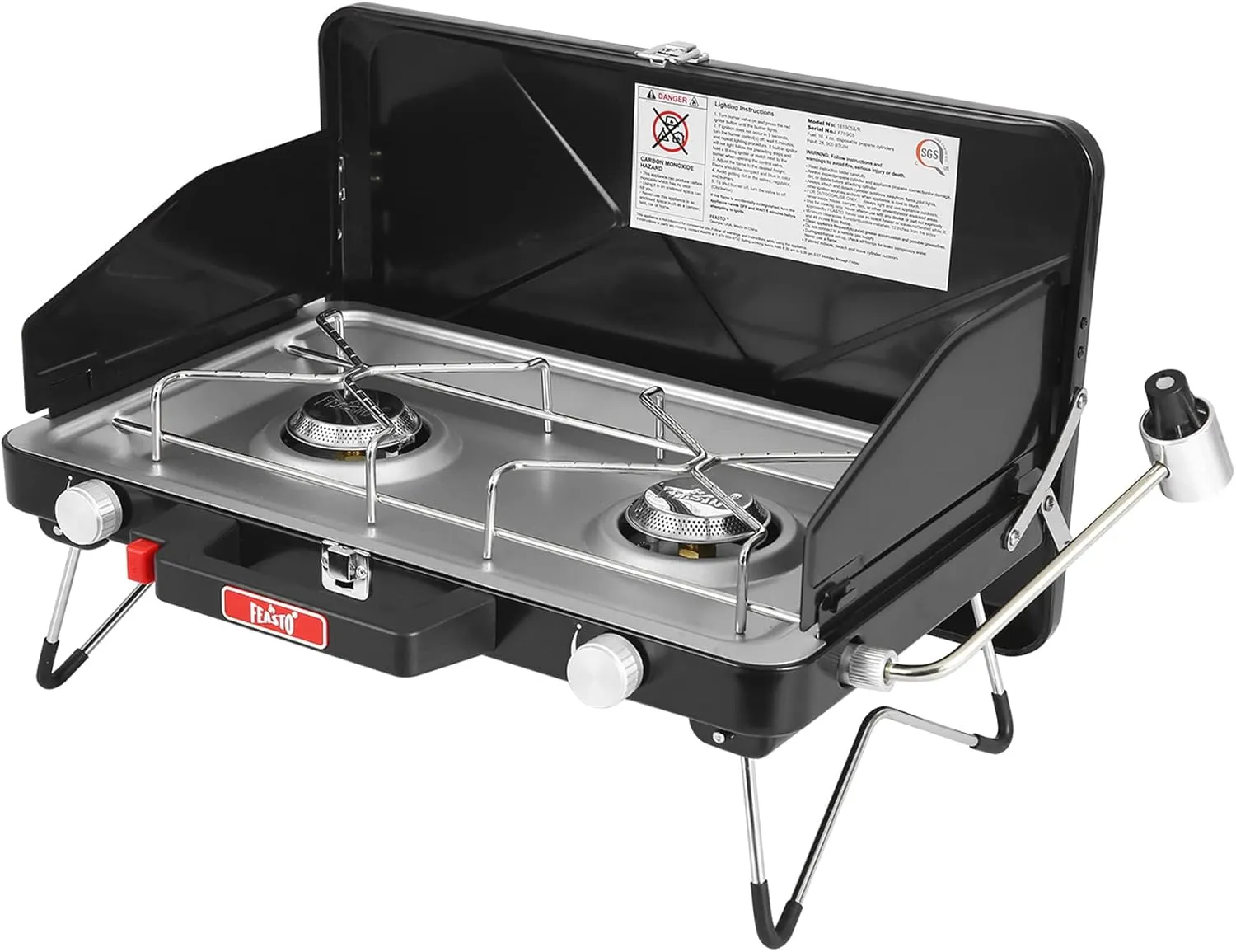 Camping Propane Stove, Portable Camping Grill Stove, Push-Button Ignition, Adjustable Windproof Burners, Wind Guards, Folding Legs, 28,000 BTU Camping Stove, Outdoor Camping Cooking, Picnic