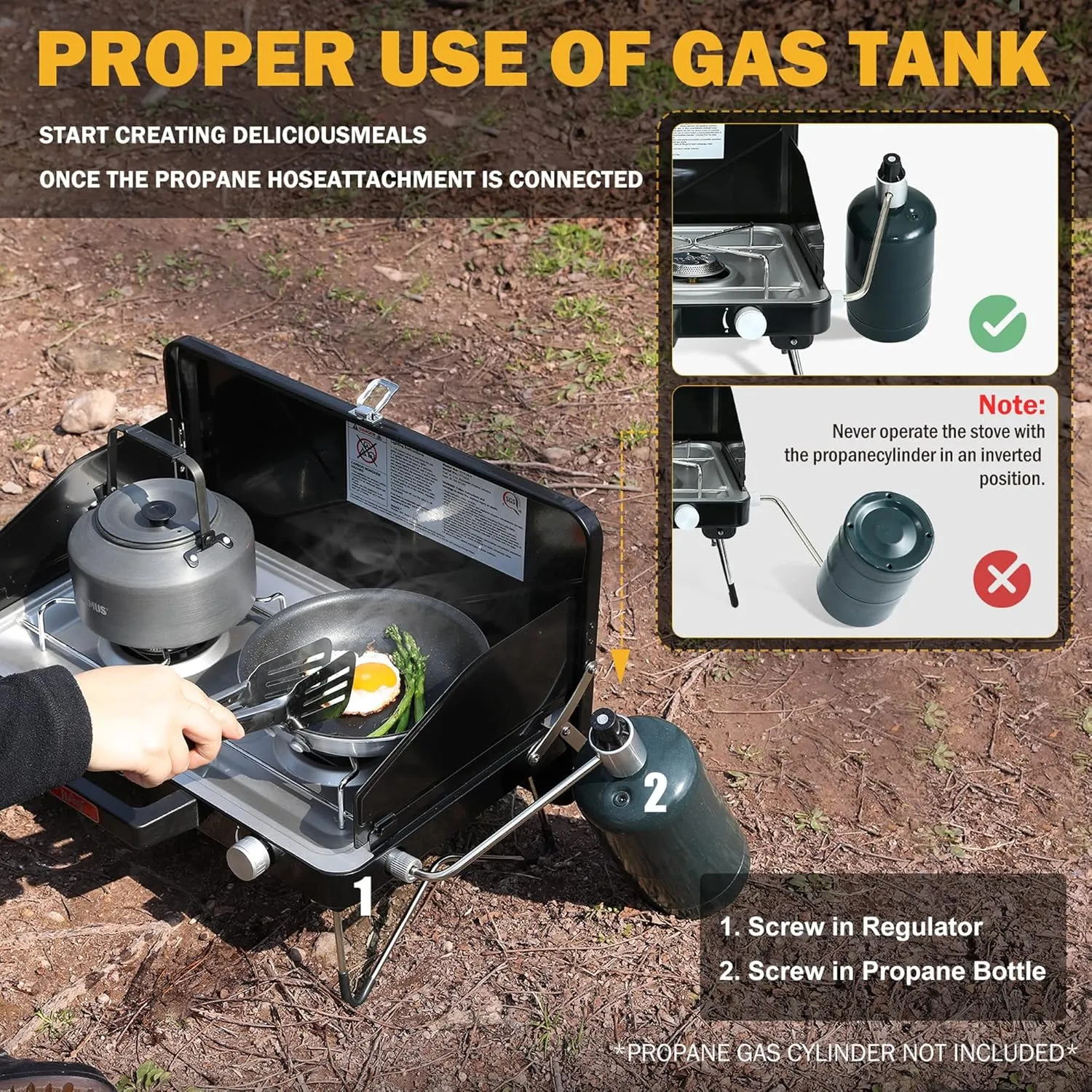 Camping Propane Stove, Portable Camping Grill Stove, Push-Button Ignition, Adjustable Windproof Burners, Wind Guards, Folding Legs, 28,000 BTU Camping Stove, Outdoor Camping Cooking, Picnic