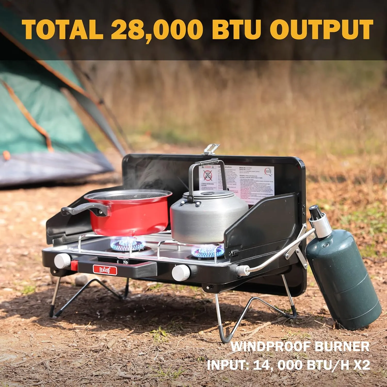 Camping Propane Stove, Portable Camping Grill Stove, Push-Button Ignition, Adjustable Windproof Burners, Wind Guards, Folding Legs, 28,000 BTU Camping Stove, Outdoor Camping Cooking, Picnic
