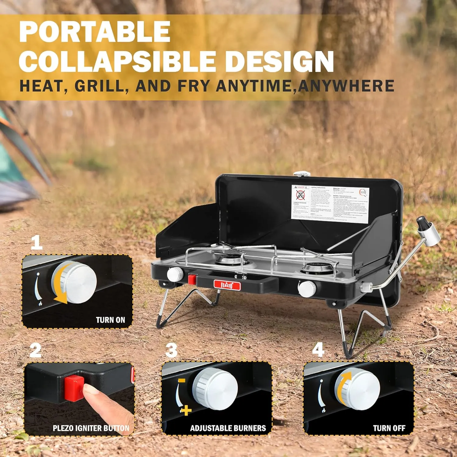 Camping Propane Stove, Portable Camping Grill Stove, Push-Button Ignition, Adjustable Windproof Burners, Wind Guards, Folding Legs, 28,000 BTU Camping Stove, Outdoor Camping Cooking, Picnic