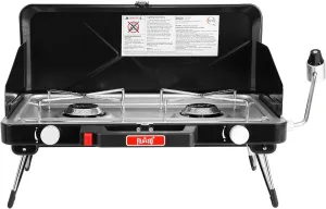 Camping Propane Stove, Portable Camping Grill Stove, Push-Button Ignition, Adjustable Windproof Burners, Wind Guards, Folding Legs, 28,000 BTU Camping Stove, Outdoor Camping Cooking, Picnic