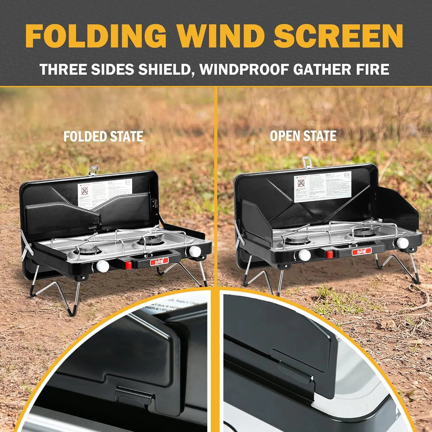 Camping Propane Stove, Portable Camping Grill Stove, Push-Button Ignition, Adjustable Windproof Burners, Wind Guards, Folding Legs, 28,000 BTU Camping Stove, Outdoor Camping Cooking, Picnic