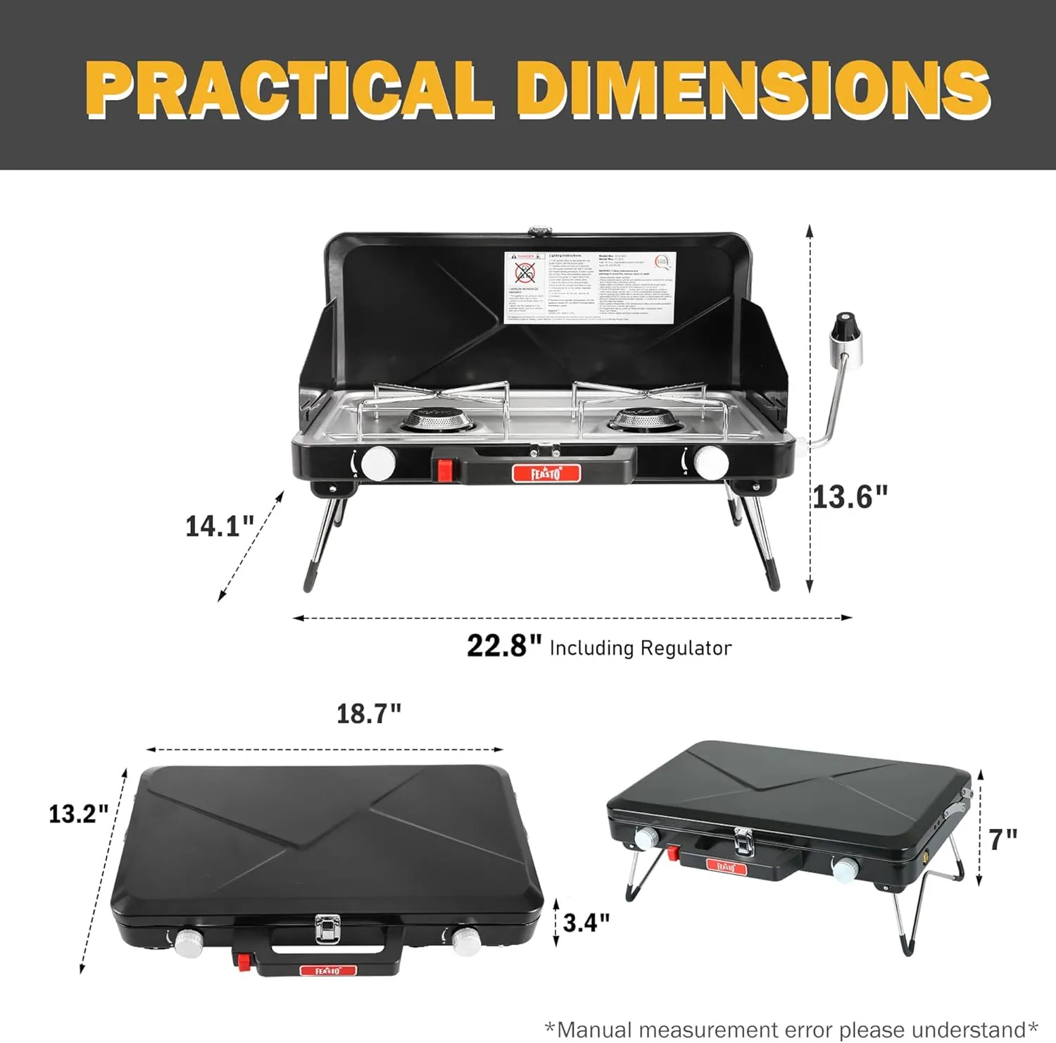 Camping Propane Stove, Portable Camping Grill Stove, Push-Button Ignition, Adjustable Windproof Burners, Wind Guards, Folding Legs, 28,000 BTU Camping Stove, Outdoor Camping Cooking, Picnic