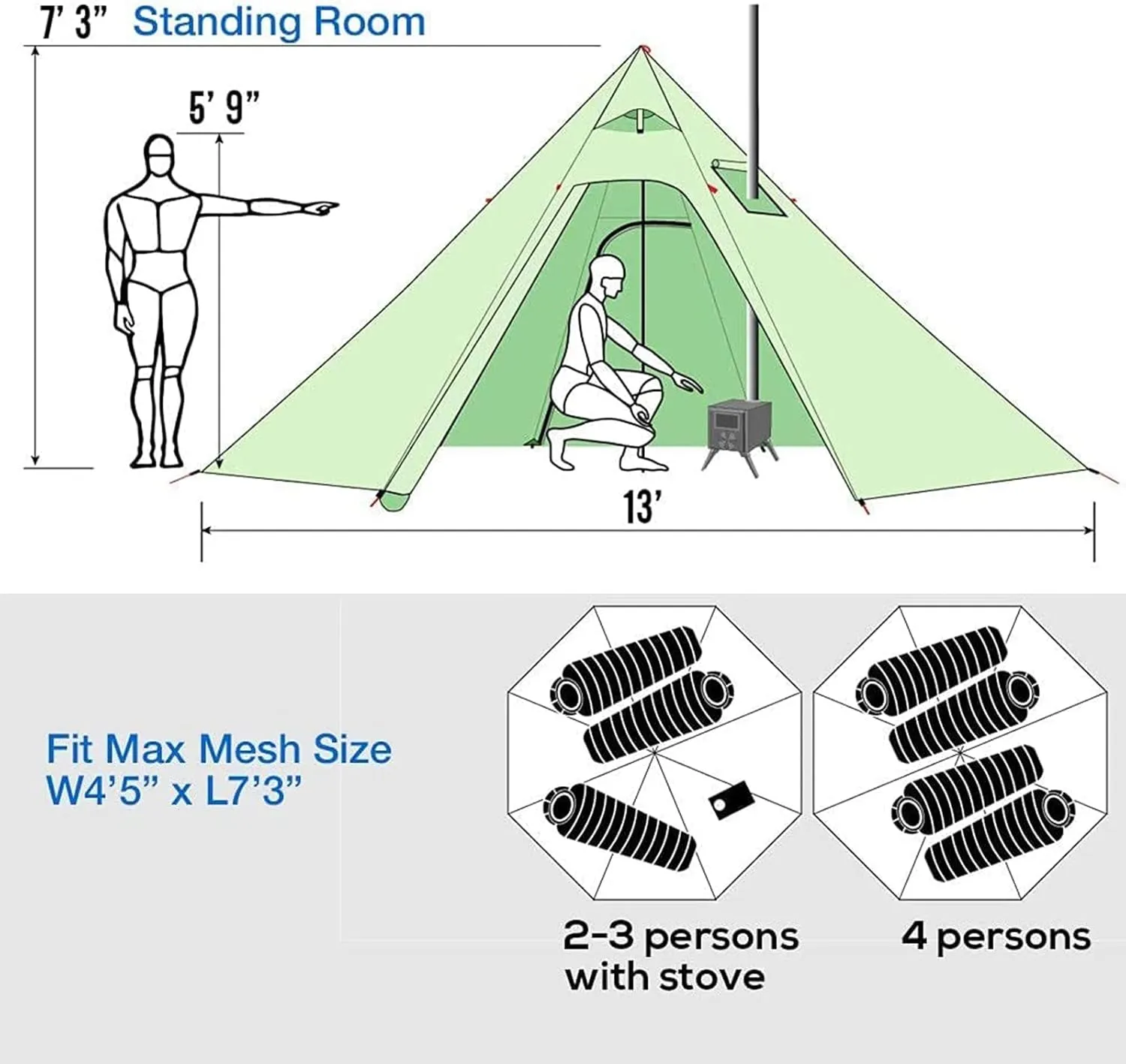 Camping Pyramid Tent for 3/4 Person - Ultralight Waterproof Camping Tent | Lightweight Pyramid Outdoor Easy Tents with Square Chimney Window for Backp, White