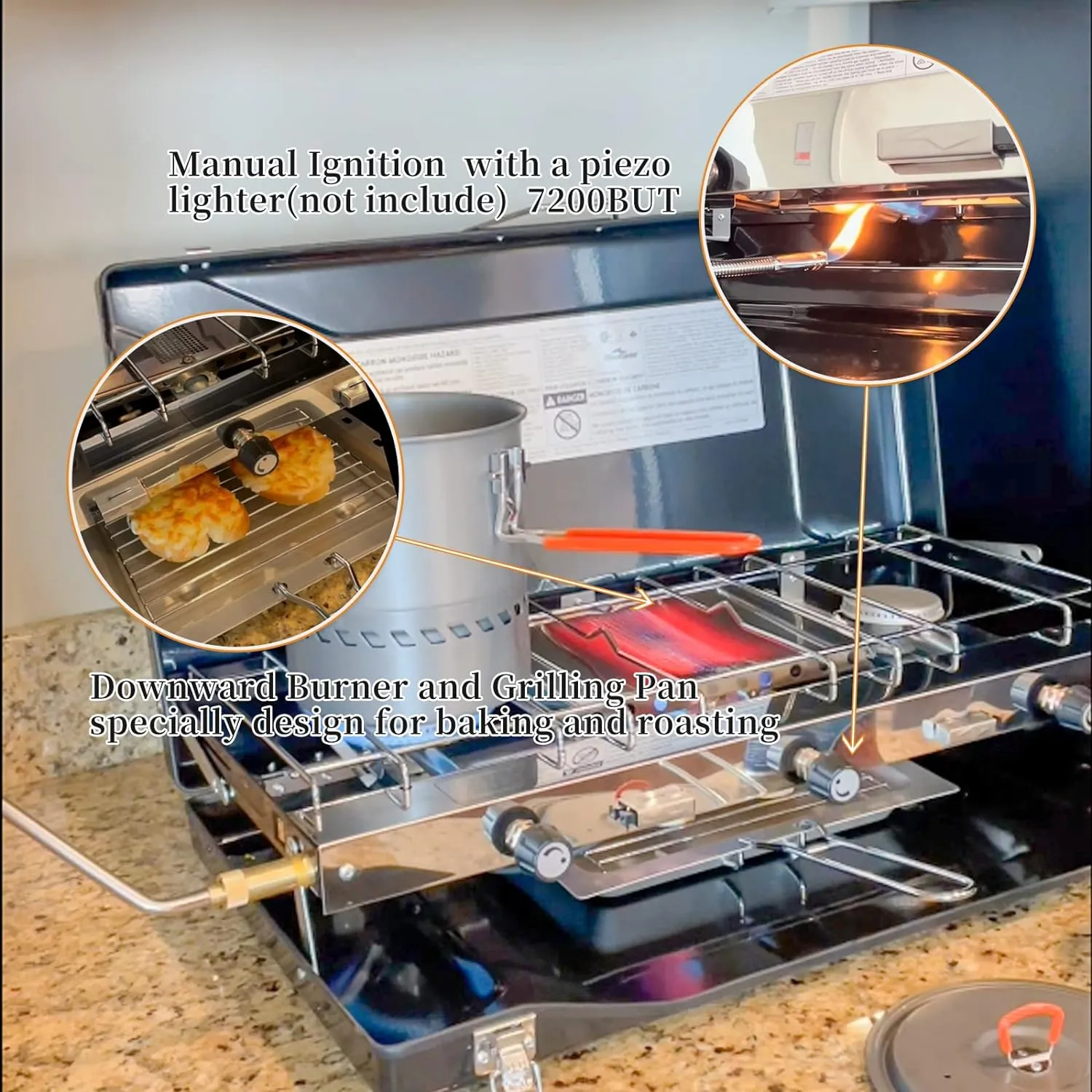 Camping Stove, 3 Burners Propane Portable Camp Stove with Regulator, Push-Button Instant Ignition, Adjustable Burners & Wind Guards for Car BBQ Picnics Outdoor Cooking (BLACK-20400 BTUs)