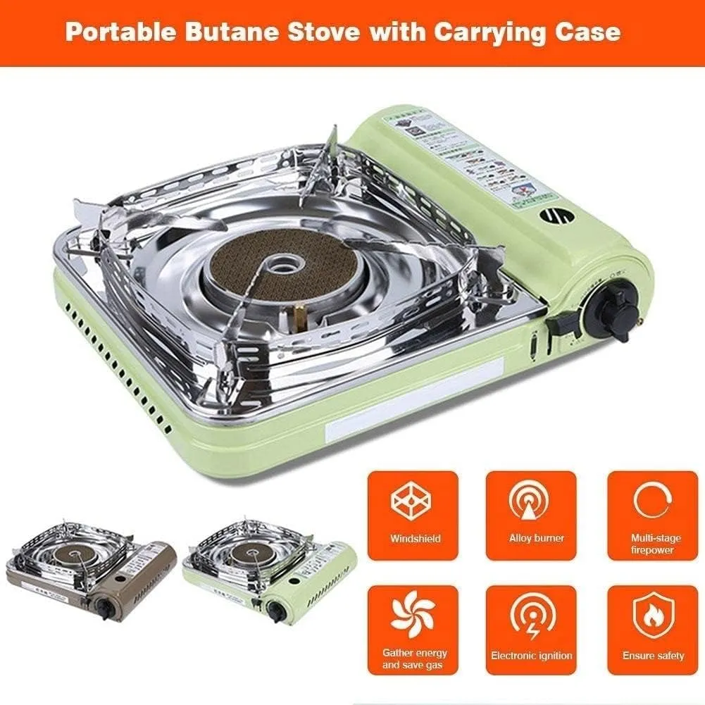 Camping Stove Burner, Portable Butane Gas Stove, Single Burner Gas Stove, Detachable Windblockers & Carry Case for Outdoor Cooking, Backpacking, Hiking Trip, Home Emergency (Gray : Green)