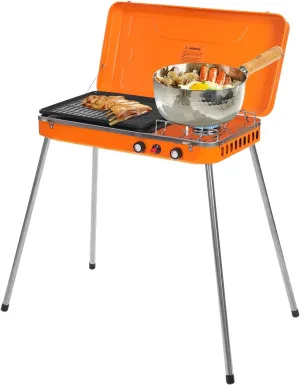 Camping Stove with Dual Design of Grill Pan and Burner, Portable Gas Grill Cooker with Practical Handle and Extended Stove Legs, Adjustable Firepower Outdoor Grill Stove for Barbecues, Parties