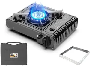 Camping Stoves With Windproof Ring XPSSJMU 2.9KW Single Burner Piezo Electric Ignition Outdoor Field Stove Cassette Stove Gas Portable Butane Stove Hard Carrying Case,Black