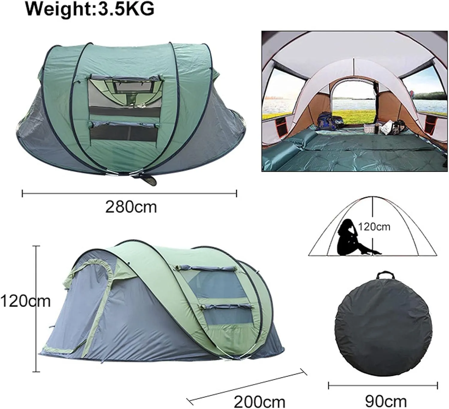 Camping Tent 5-8 People Fully Automatic Camping Tent Windproof Waterproof Automatic Pop-up Tent Family Outdoor Instant Setup Tent 4 Season (Color : Gr, Khaki