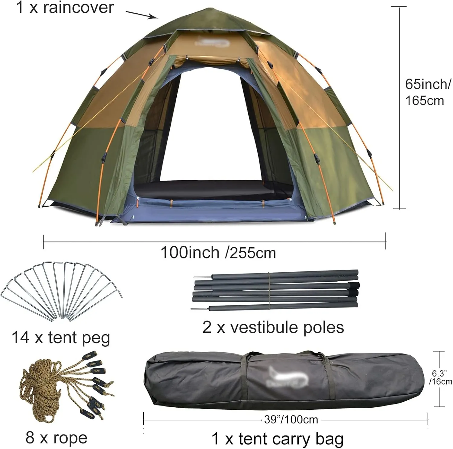 Camping Tents, 3-4 Person Dome Automatic Tent, Easy Instant Setup Protable Camping Pop-Up 4 Seasons Backpacking Family Travel Tent (Color : Green, Size : 255x255x165cm)