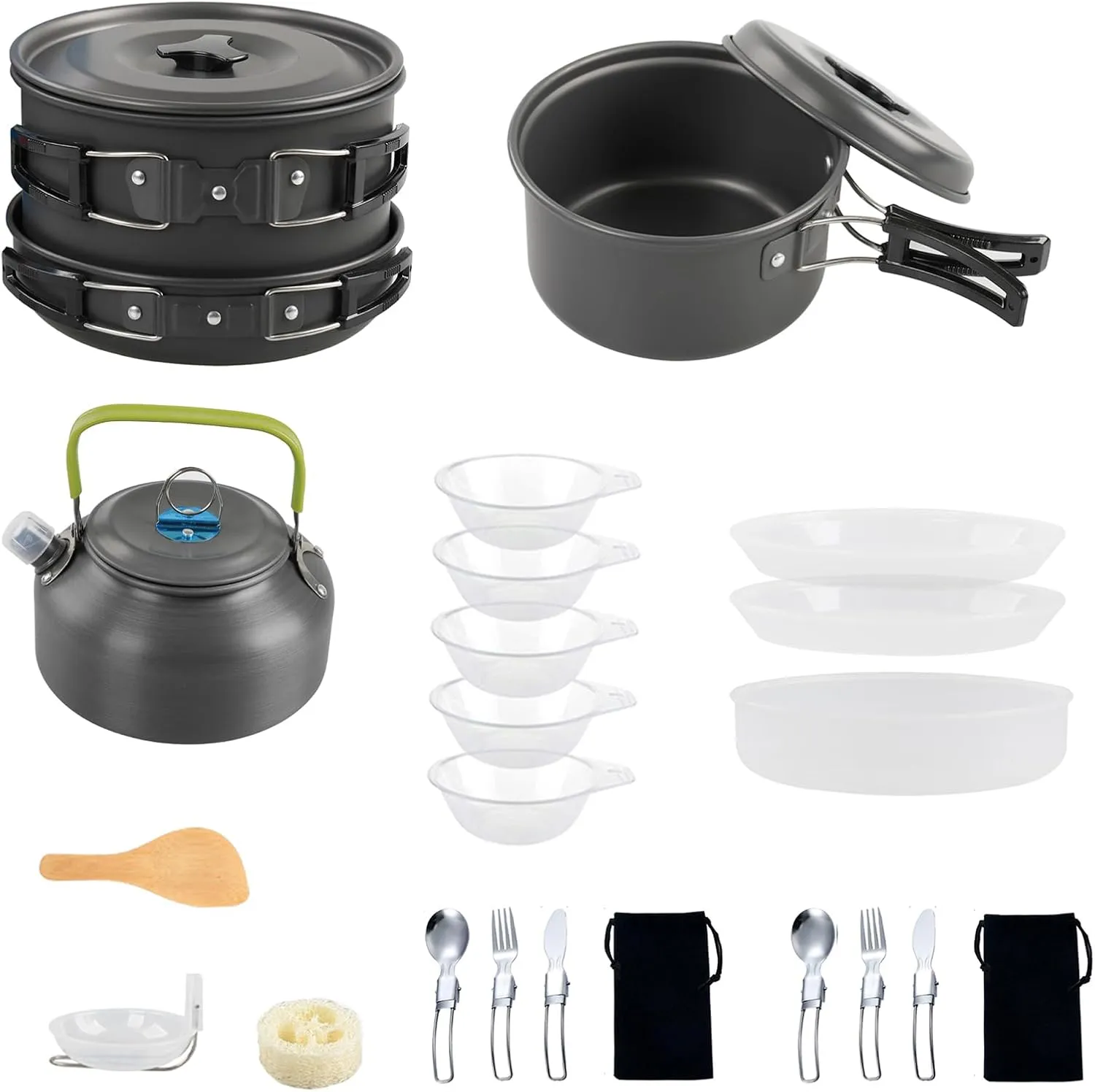 Camping Utensil Set Backpacking cookware Set Non-Stick Camping cookware Camping Cookware Mess Kit Non-Stick Pot and Pan Set with Kettle for Camping Hiking Backpacking