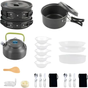 Camping Utensil Set Backpacking cookware Set Non-Stick Camping cookware Camping Cookware Mess Kit Non-Stick Pot and Pan Set with Kettle for Camping Hiking Backpacking