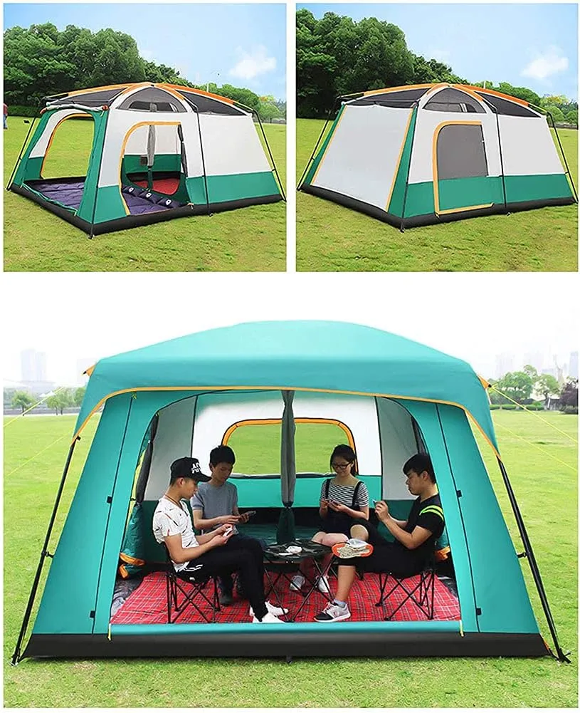 Camping with 2 Extra Dark Sleeping Cabins for 5-12 Person Outdoor Doble Layer Family Tent Waterproof Windproof Beach Tent Sun Shelter Dome Tent for Festivals Garden (Blue 5) (Orange 8) (Orange 8)