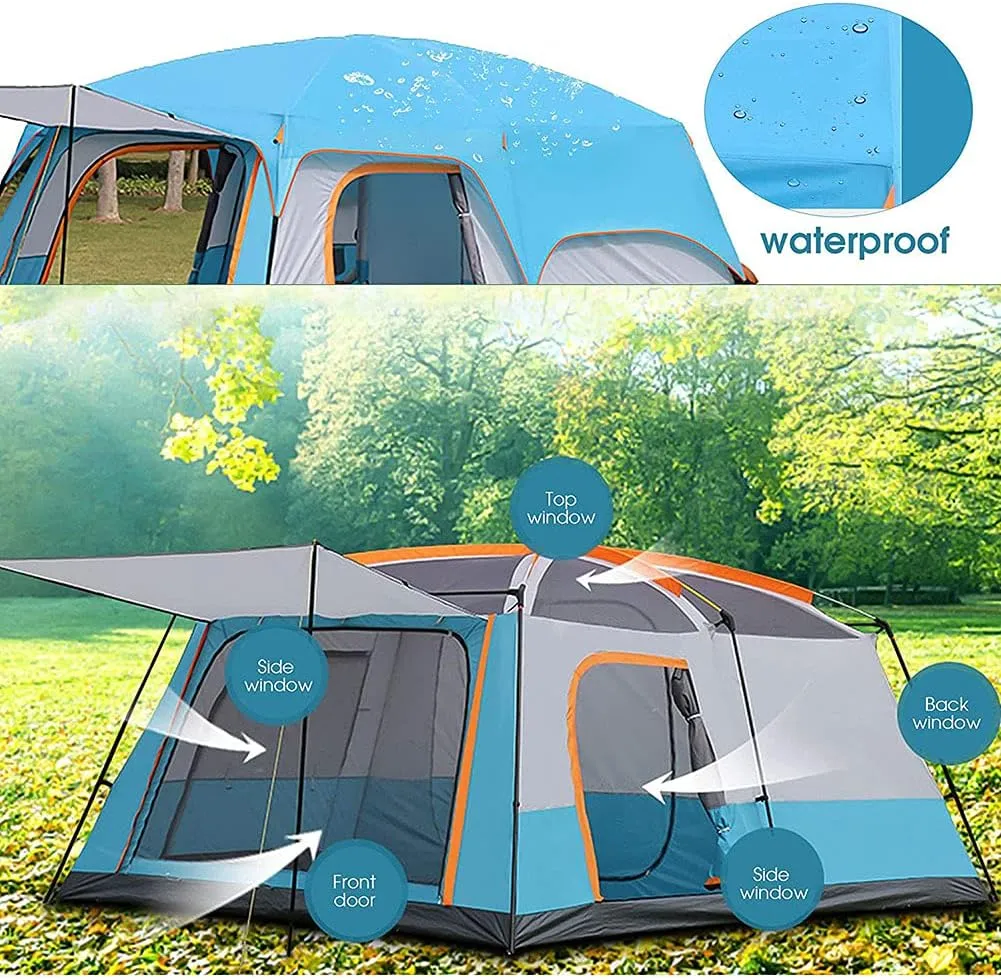 Camping with 2 Extra Dark Sleeping Cabins for 5-12 Person Outdoor Doble Layer Family Tent Waterproof Windproof Beach Tent Sun Shelter Dome Tent for Festivals Garden (Blue 5) (Orange 8) (Orange 8)