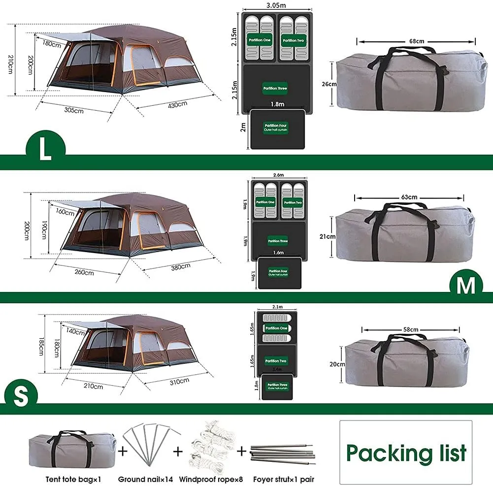 Camping with 2 Extra Dark Sleeping Cabins for 5-12 Person Outdoor Doble Layer Family Tent Waterproof Windproof Beach Tent Sun Shelter Dome Tent for Festivals Garden (Blue 5) (Orange 8) (Orange 8)