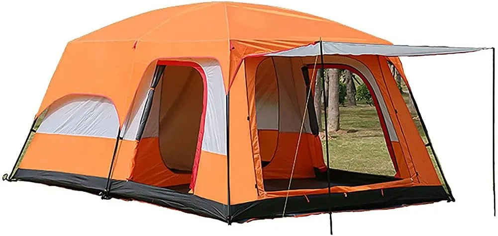 Camping with 2 Extra Dark Sleeping Cabins for 5-12 Person Outdoor Doble Layer Family Tent Waterproof Windproof Beach Tent Sun Shelter Dome Tent for Festivals Garden (Blue 5) (Orange 8) (Orange 8)