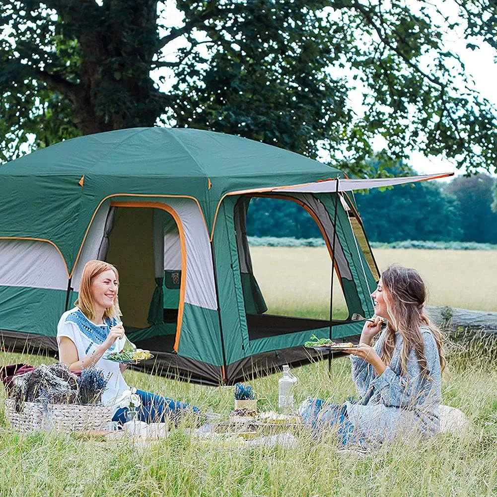 Camping with 2 Extra Dark Sleeping Cabins for 5-12 Person Outdoor Doble Layer Family Tent Waterproof Windproof Beach Tent Sun Shelter Dome Tent for Festivals Garden (Blue 5) (Orange 8) (Orange 8)