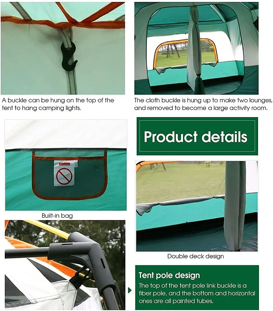 Camping with 2 Extra Dark Sleeping Cabins for 5-12 Person Outdoor Doble Layer Family Tent Waterproof Windproof Beach Tent Sun Shelter Dome Tent for Festivals Garden (Blue 5) (Orange 8) (Orange 8)