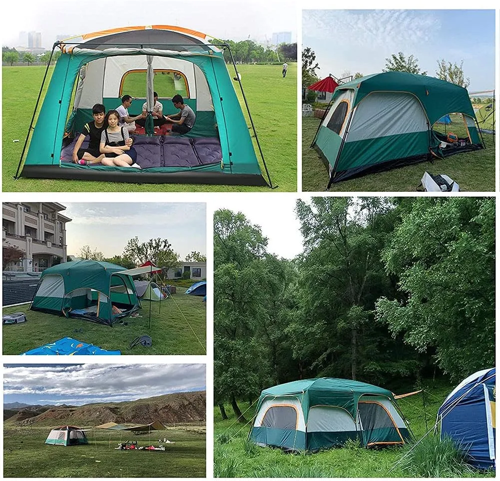 Camping with 2 Extra Dark Sleeping Cabins for 5-12 Person Outdoor Doble Layer Family Tent Waterproof Windproof Beach Tent Sun Shelter Dome Tent for Festivals Garden (Blue 5) (Orange 8) (Orange 8)