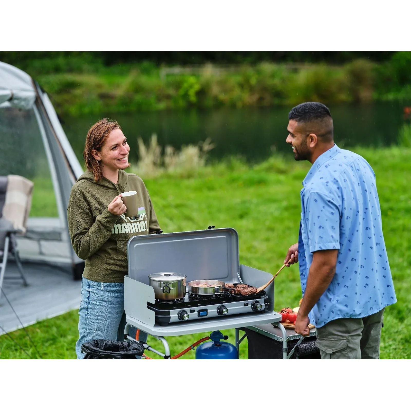Campingaz Camping Kitchen 2 Multi-Cook Double Burner Portable Camping Gas Stove and Side Grill