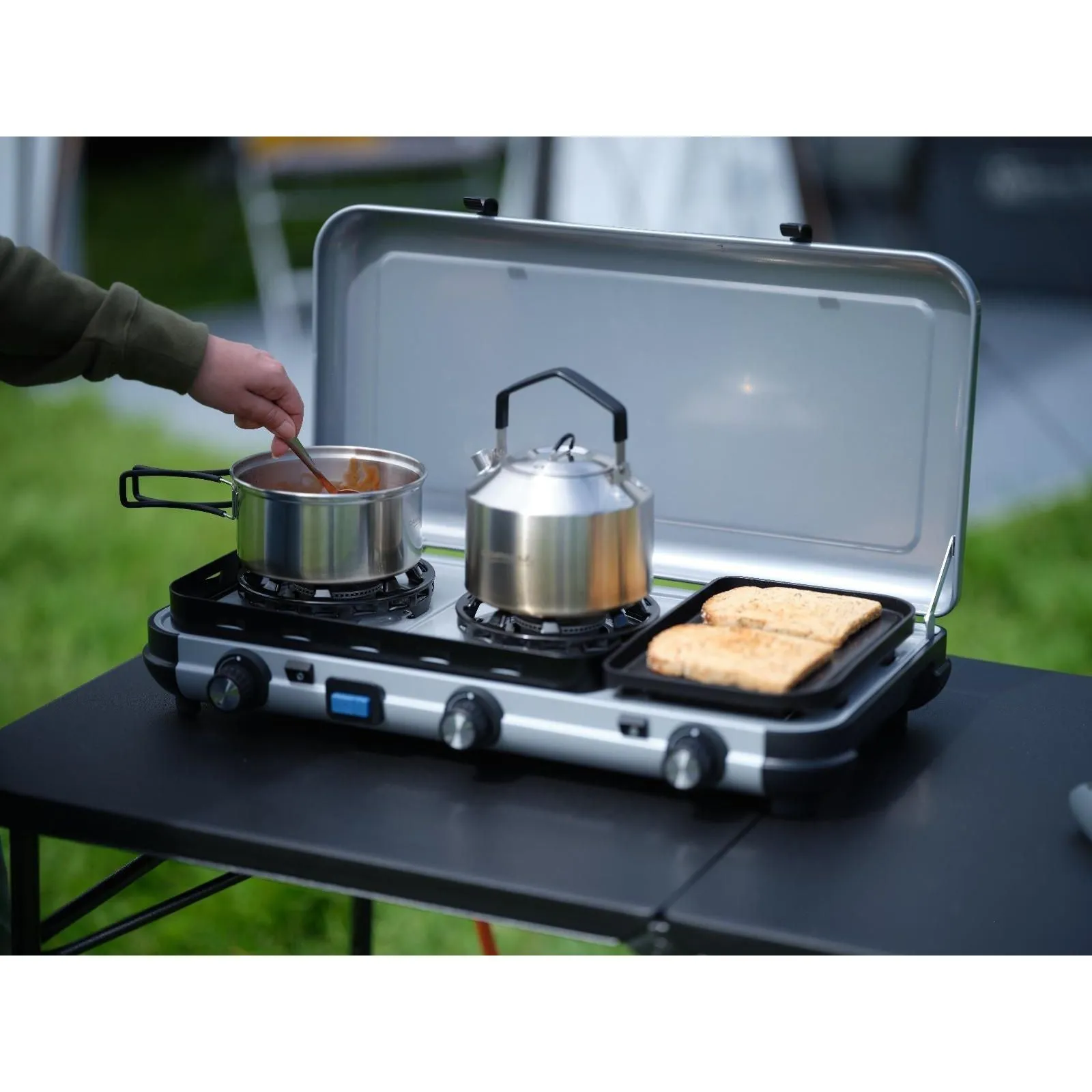 Campingaz Camping Kitchen 2 Multi-Cook Double Burner Portable Camping Gas Stove and Side Grill