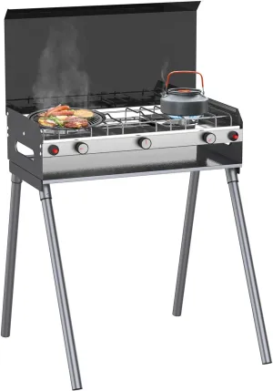 Camplux Propane Camping Stove 2 Burners & 1 Grill, Portable Outdoor Gas Stove, Auto-Ignition Camping Stove with Regulator, Total Power at 15,000 BTU