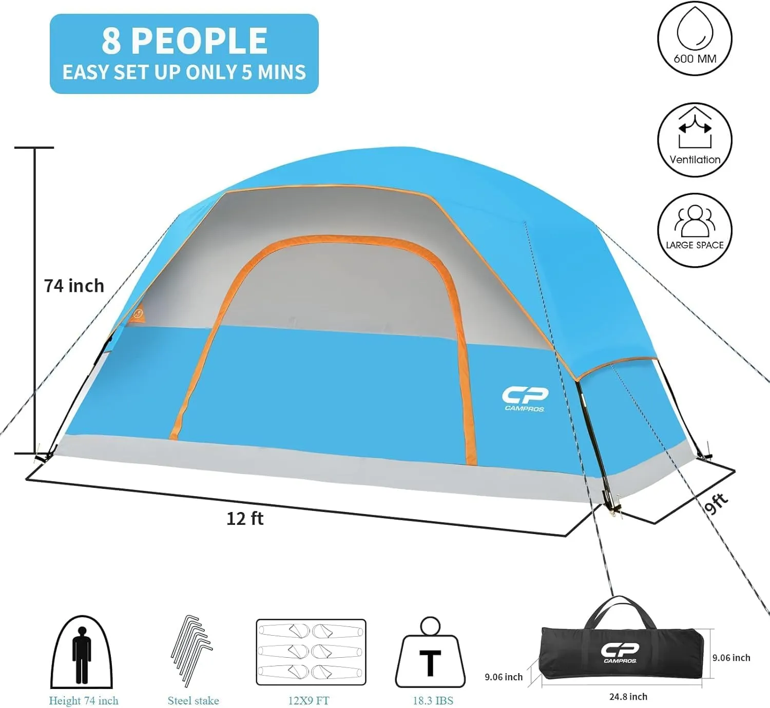 CAMPROS CP Tent 8 Person Camping Tents, Waterproof Windproof Family Dome Tent with Rainfly, Large Mesh Windows, Wider Door, Easy Setup, Portable with Carry Bag