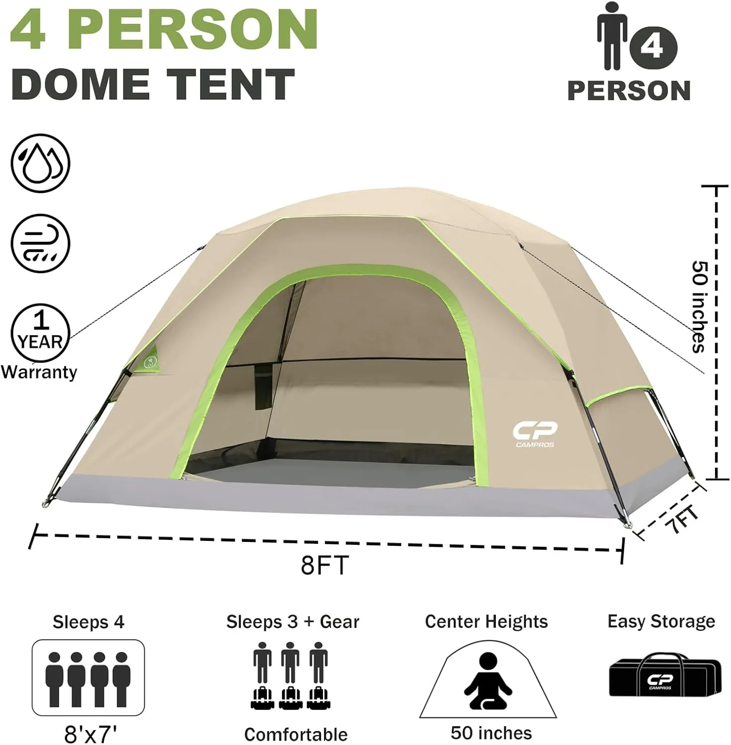 CAMPROS CP Tents for Camping 4/6 Person Tent Waterproof Windproof Double Layer Family Camping Tent, Easy Setup Dome Tent with Large Mesh Windows & Wider Door for Outdoor Camping & Hiking
