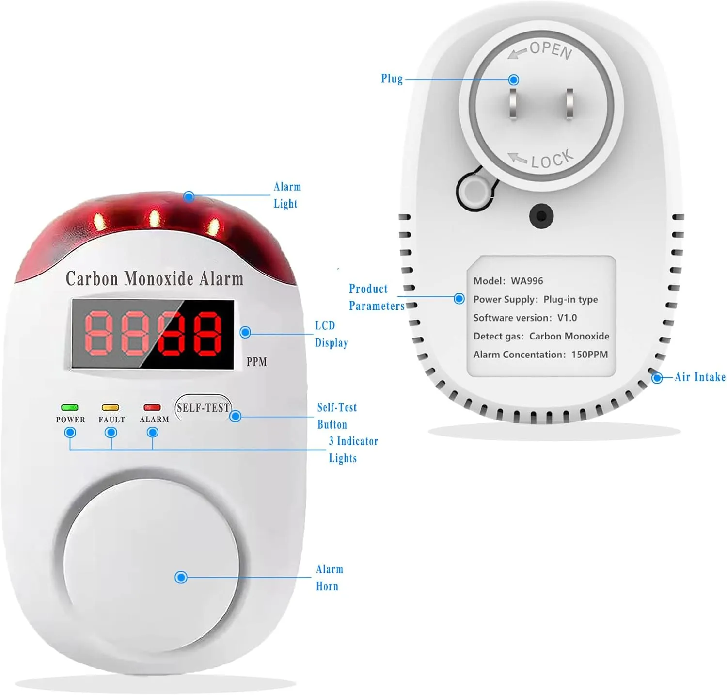 Carbon Monoxide Detectors Portable Carbon Monoxide Detector for Travel Plug in Wall with LED Digital Display Voice Light Plug and Play