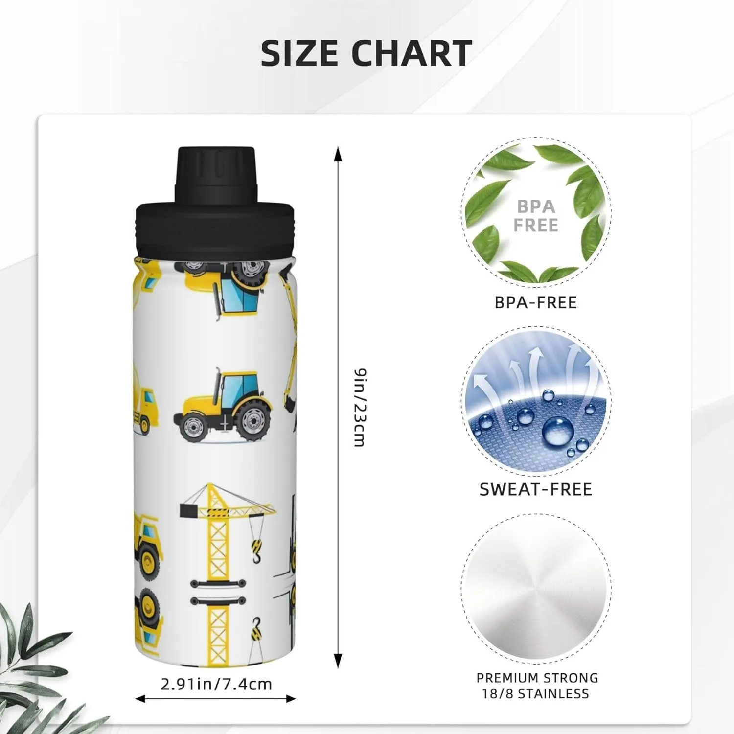 Cartoon Heavy Machinery Truck 18oz Sports Insulated Bottle For Outdoor Activities,Your Ideal Companion Staying Hydrated