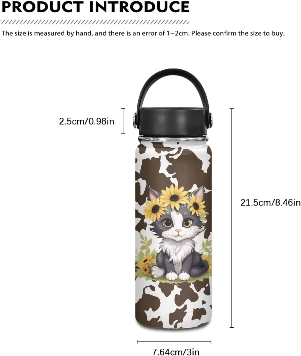 Cat Sunflower Cow Vacuum Flask for Tea Travel Mug for Adults and Kids Carried by Schoolbag Luggage Bag
