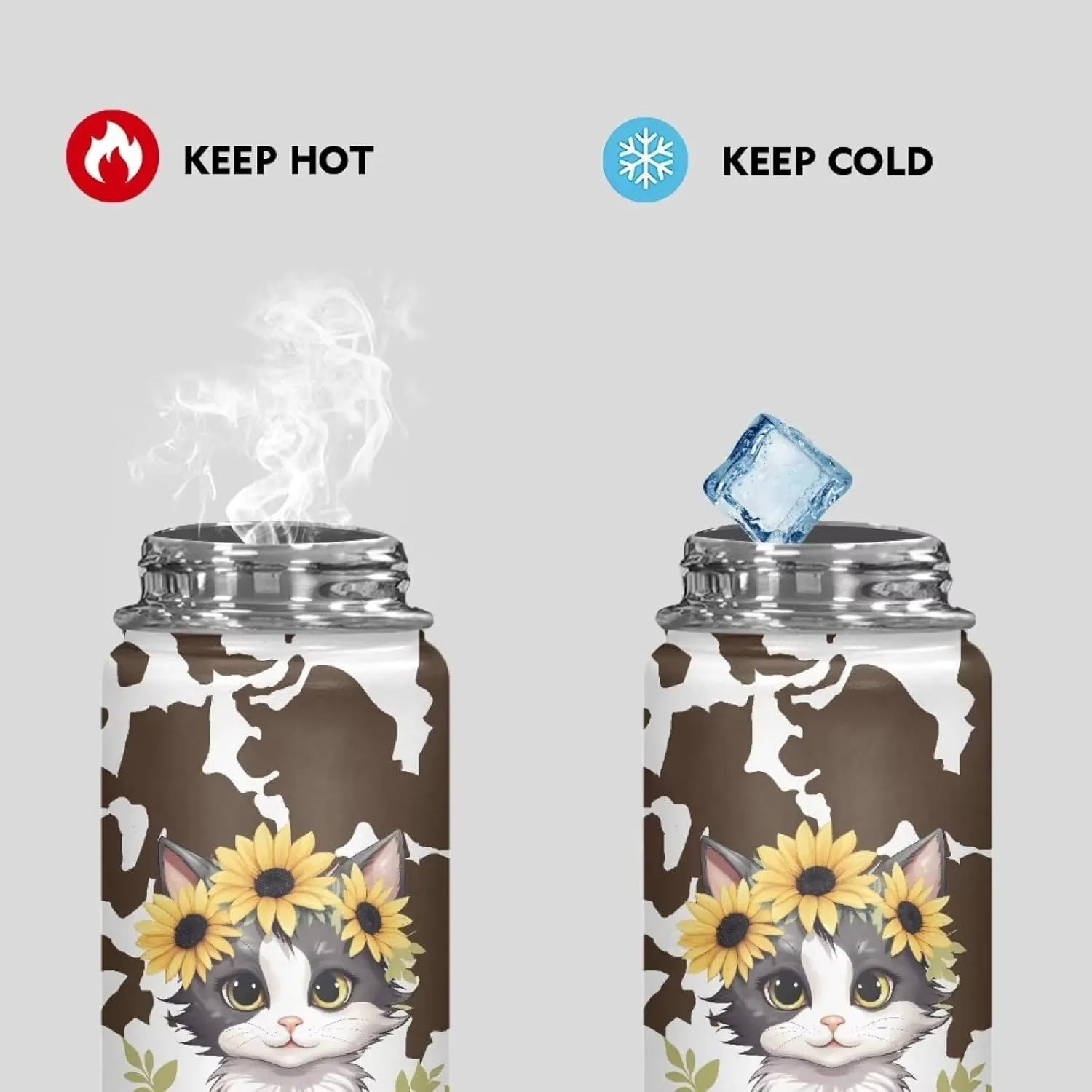 Cat Sunflower Cow Vacuum Flask for Tea Travel Mug for Adults and Kids Carried by Schoolbag Luggage Bag