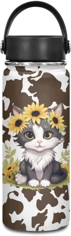 Cat Sunflower Cow Vacuum Flask for Tea Travel Mug for Adults and Kids Carried by Schoolbag Luggage Bag