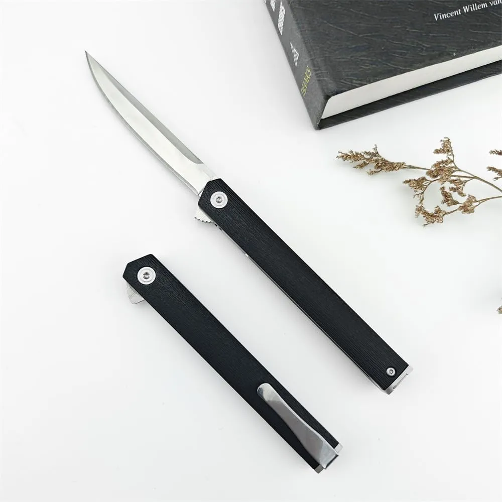 CEO Flipper Pocket Knife, Liner Lock Gentleman's Knife, Everyday Carry, Black Nylon Cordless Handle, Camping EDC for Men, with Deep Carry Pocket Clip
