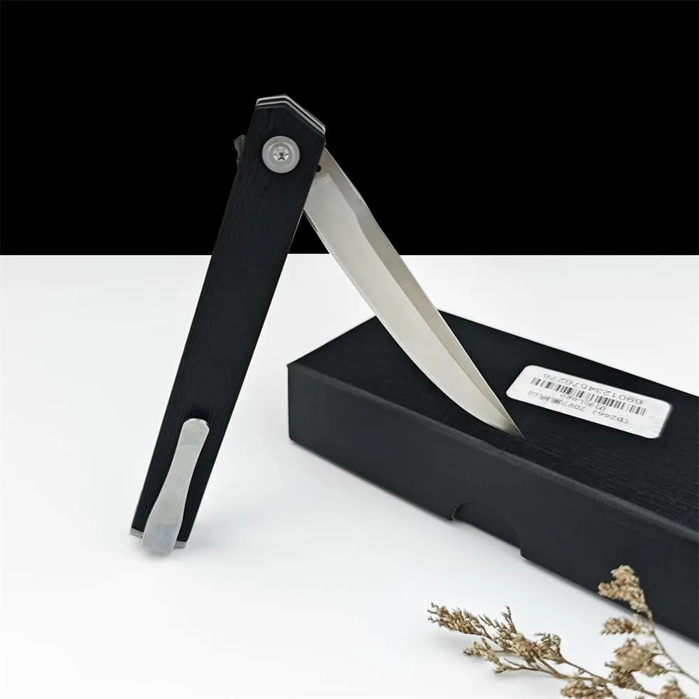 CEO Flipper Pocket Knife, Liner Lock Gentleman's Knife, Everyday Carry, Black Nylon Cordless Handle, Camping EDC for Men, with Deep Carry Pocket Clip